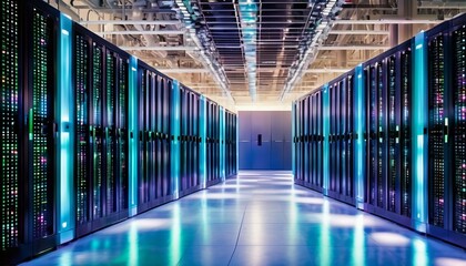 Highly detailed image of a futuristic server room with rows of high-tech data servers under neon blue and pink lights, depicting advanced technology and cybersecurity. . AI Generation