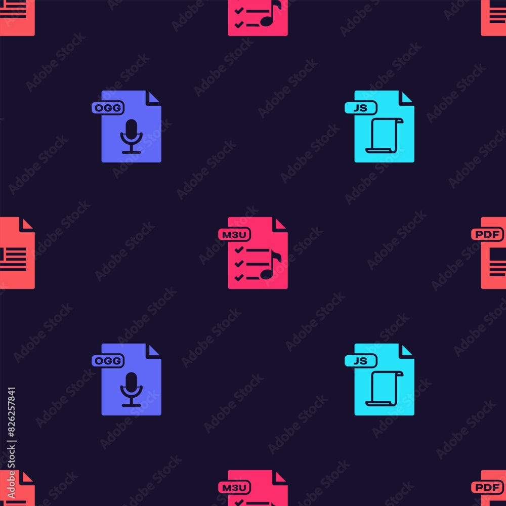 Poster set js file document, ogg, m3u and pdf on seamless pattern. vector