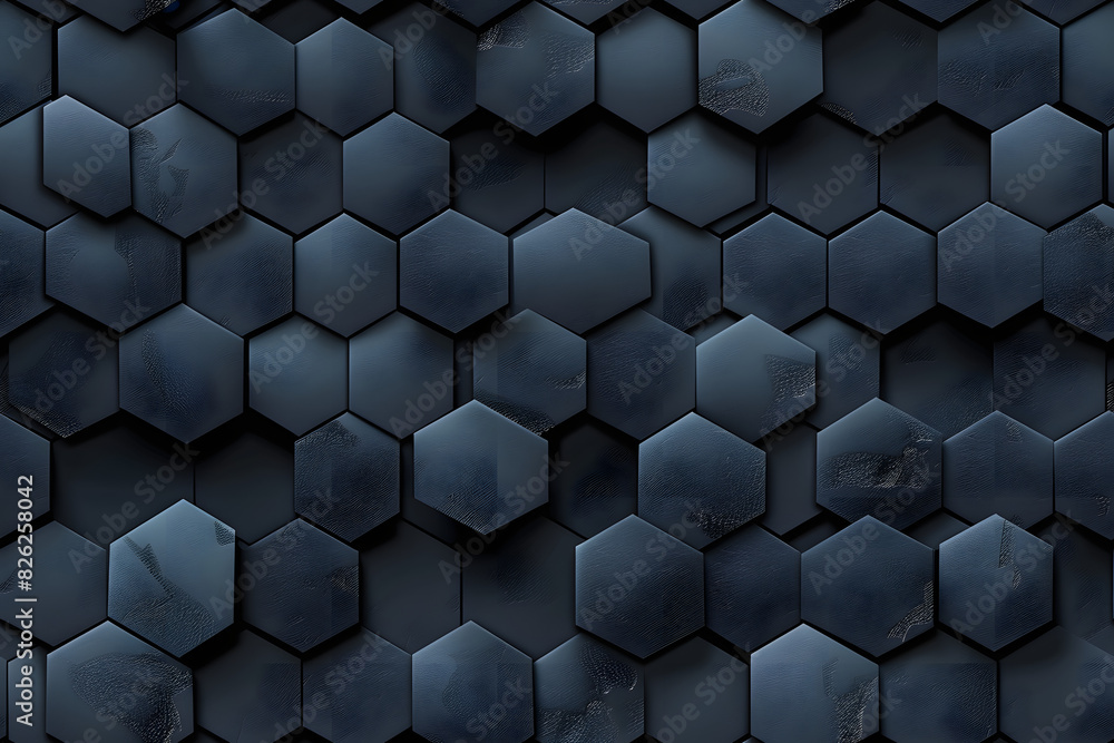 Poster futuristic, semigloss mosaic tiles arranged in the shape of a wall. hexagonal, 3d, bricks stacked to
