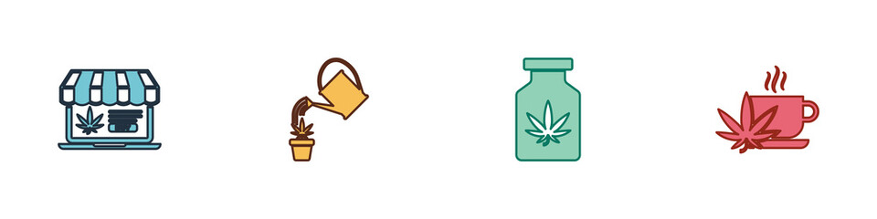 Set Online buying marijuana, Watering can, Medical bottle with and Cup tea icon. Vector