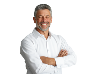 Smiling Mature Man in White Shirt with Arms Crossed