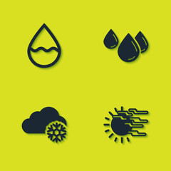 Set Water drop, Fog and sun, Cloud with snow and icon. Vector