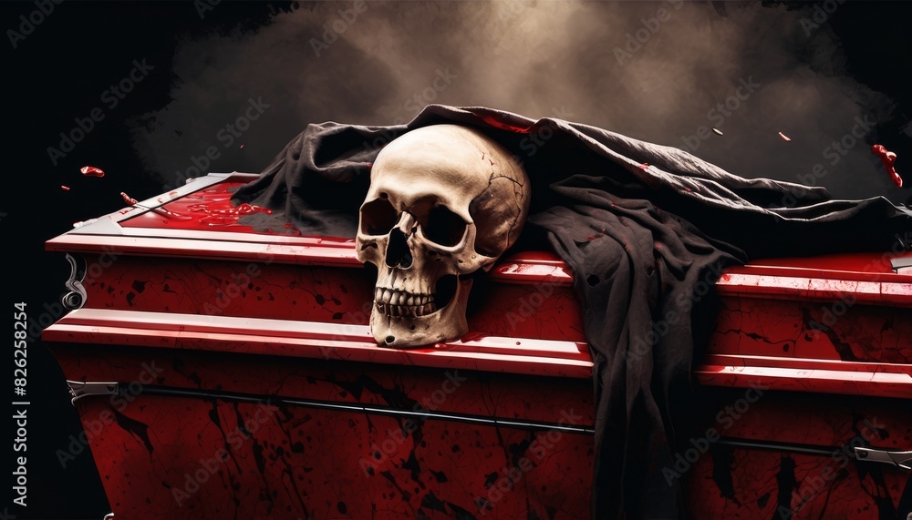Poster a striking image of a skull draped with a black cloak on a vivid red coffin splattered with blood, e