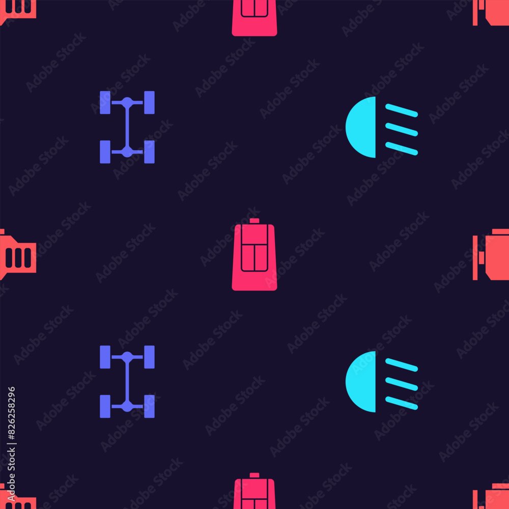 Poster set high beam, chassis car, car key with remote and check engine on seamless pattern. vector