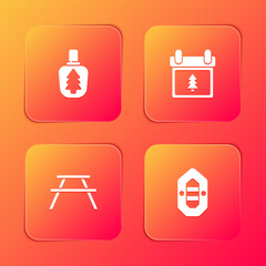 Set Canteen water bottle, Calendar with tree, Picnic table benches and Rafting boat icon. Vector