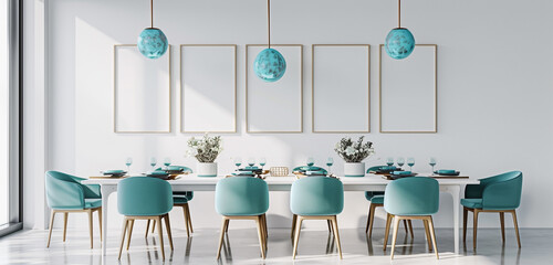 Japandi dining room with turquoise accents, 5 empty posters mockup template on white wall, light...