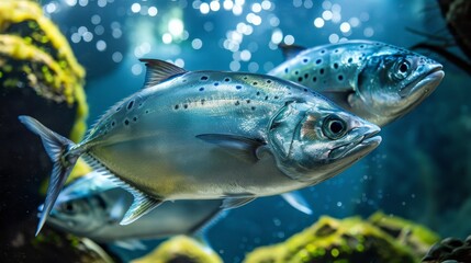 Fototapeta premium Elegant silver fish swimming in vibrant turquoise waters, reflecting silvery sheen on sandy bottom