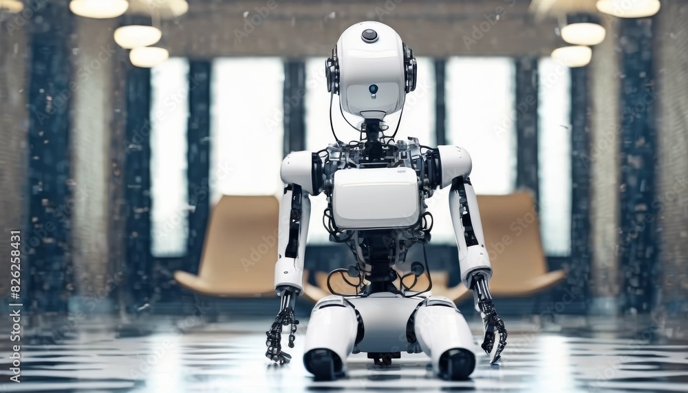 Poster a white humanoid robot stands on a tiled floor in a modern office, surrounded by rain-dappled window