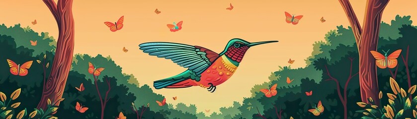 Obraz premium Imagine a robotic hummingbird hovering delicately amidst a swarm of glowing butterflies in a dreamlike