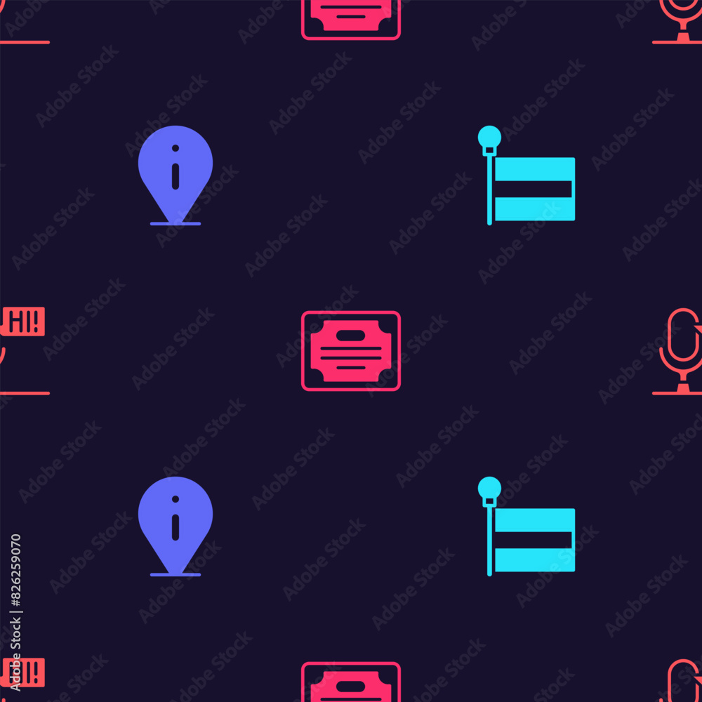 Poster set flag, information, certificate template and microphone voice device on seamless pattern. vector