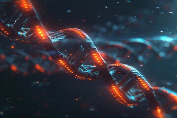 Fiery DNA helix on laptop in a dark setting, depicting the passion and intensity of genetic research