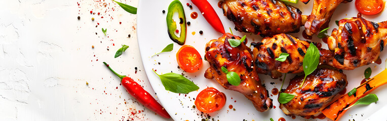 Chicken wings of barbecue in a white plate with chilly Healthy Food on a White Background
