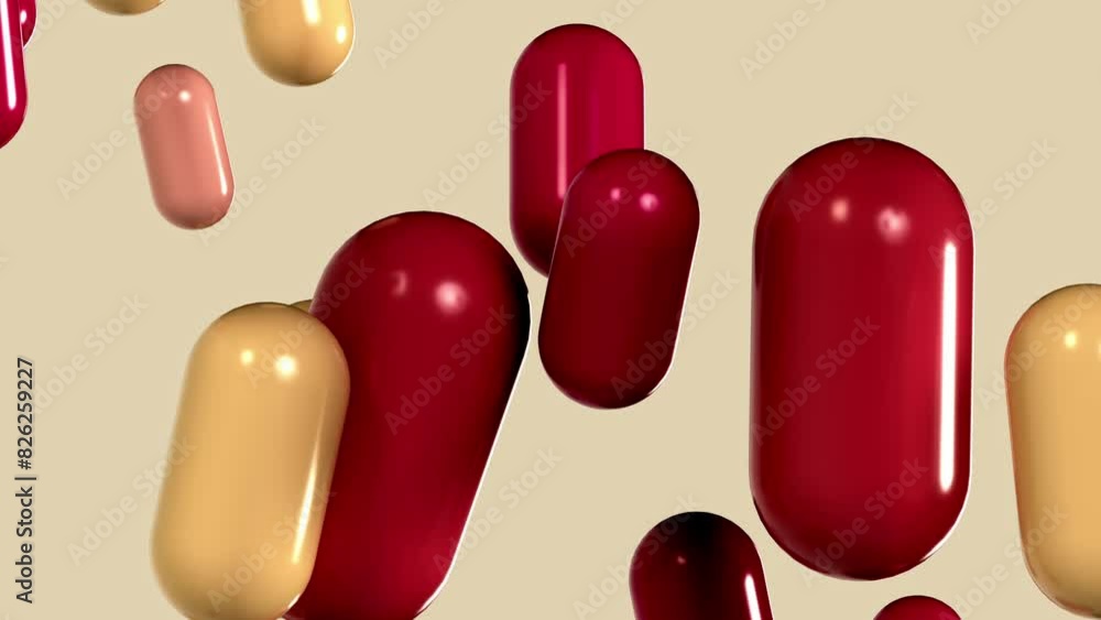 Poster 3d soft animation of red, yellow and beige capsules on a beige background with an alpha channel. 3d 