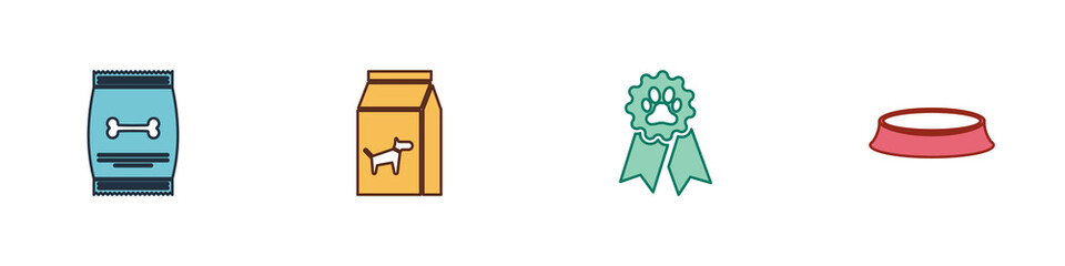 Set Bag of food for pet, dog, Pet award symbol and bowl icon. Vector