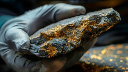 A miners gloved hand holds a piece of gold ore, showcasing gold flecks embedded in the rock against a dark background.