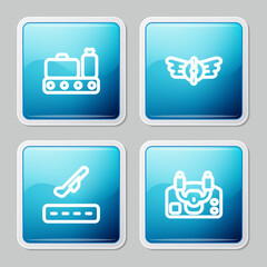 Set line Conveyor belt with suitcase, Aviation emblem, Plane takeoff and Aircraft steering helm icon. Vector