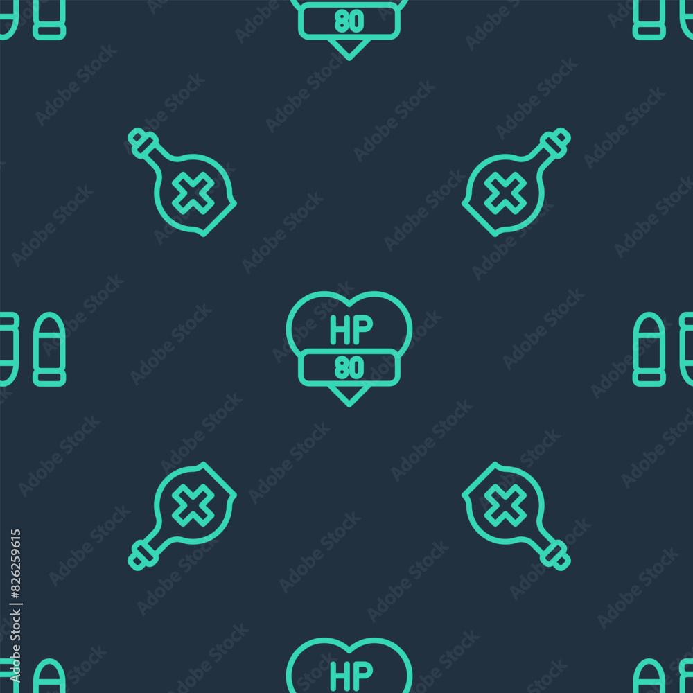 Poster set line video game bar, bottle with potion and bullet on seamless pattern. vector