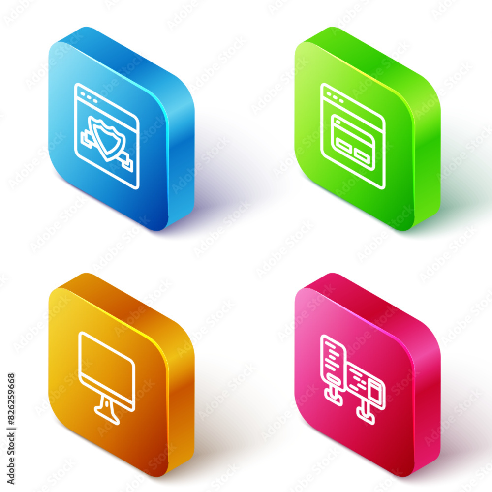 Poster set isometric line browser with shield, search engine, computer monitor screen and icon. vector