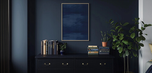 Contemporary dark gallery, black dresser, books in navy blue, square poster visualization. 3D rendering.