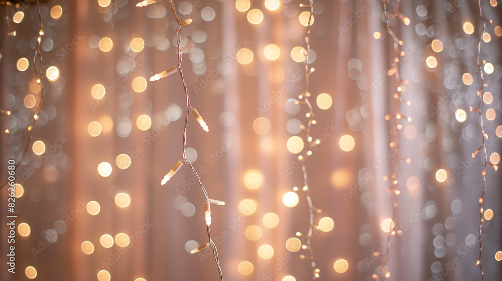 Poster shallow depth of field captures the warm glow of hanging fairy lights, creating a magical bokeh effe