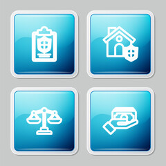 Set line Document with shield, House, Scales of justice and Stacks paper money cash icon. Vector