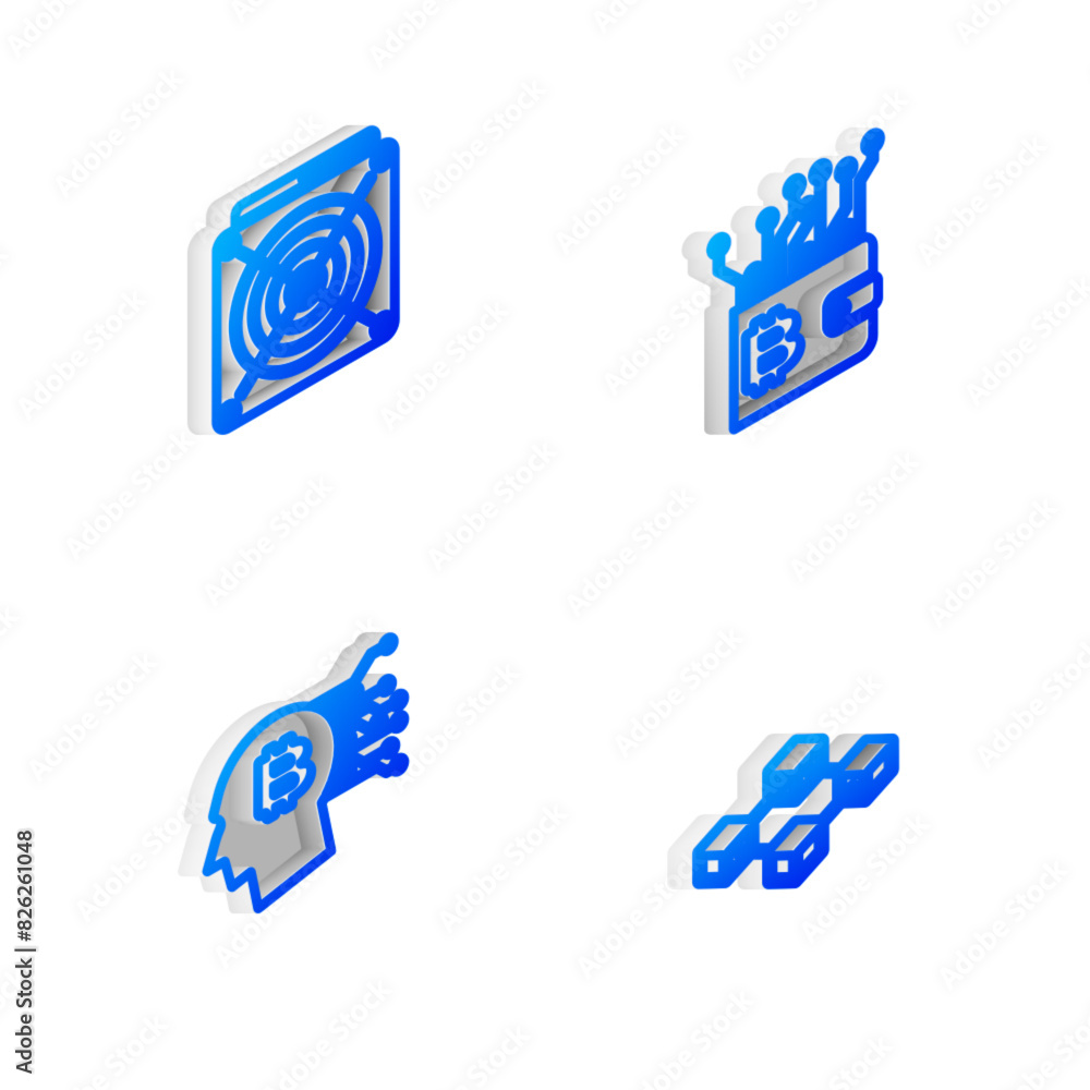 Poster set isometric line cryptocurrency wallet, asic miner, bitcoin think and blockchain technology icon. 