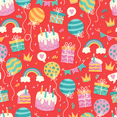 Fun hand drawn party seamless background with cakes, gift boxes, balloons and party decoration. Great for birthday parties, textiles, banners, wallpapers, wrapping - vector design