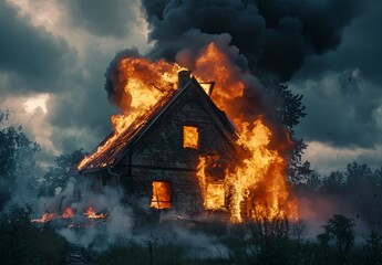Płonący dom. Unoszący się czarny dym