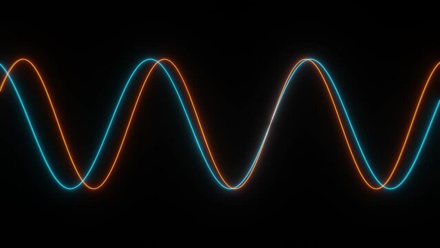 Two sine waves moving from left to right. The sine waves are orange and blue. Mathematical sine curve, oscillator, science and technology concept. 3D animation