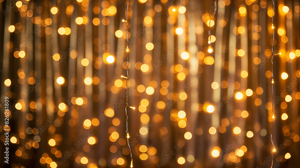 Aufkleber a captivating bokeh effect generated by bright string lights against a warm golden background
