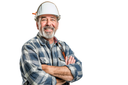 Smiling Construction Worker in White Hard Hat and Plaid Shirt