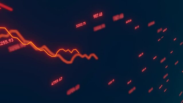 Falling stock market chart, reflection and defocus. Recession, crisis, bear market, crash, depression era, negative, weak business.
