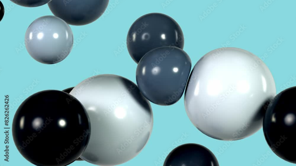Poster 3d soft animation of black and gray spheres on a blue background with an alpha channel. 3d render