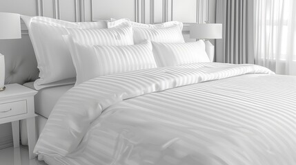 Minimalist bed with elegant white cotton stripe satin bedding against a pristine white background
