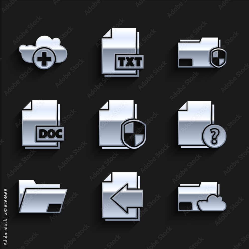 Poster set document protection concept, next page arrow, cloud storage text document folder, unknown, doc f