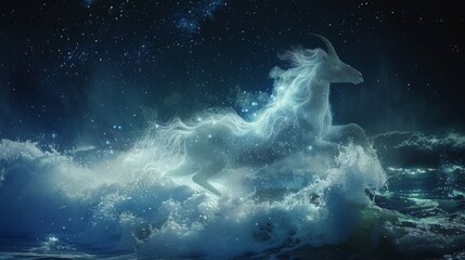 Majestic Capricorn depicted as a mythical sea goat in a night sky fantasy scene
