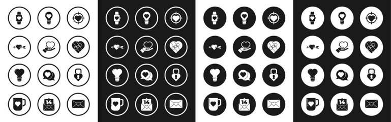 Set Heart in the center of darts target aim, on hand, Amour with heart arrow, wrist watch, Candy shaped box, light bulb, Castle and icon. Vector