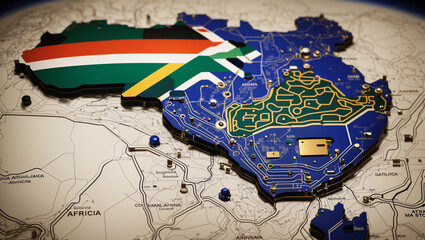 A circuit board in the shape of Africa is superimposed on a map of Africa. The South African flag is in the upper left corner.

