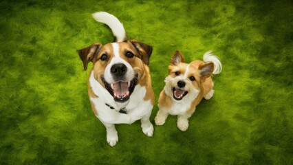 Happy Pooches Two Smiling Dogs Showing Their Cheerful Faces Against green Background