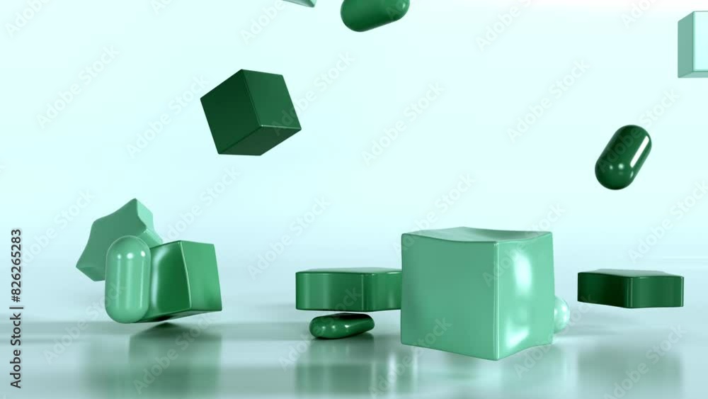 Poster 3d soft animation of green cubes, capsules and stars on light green background with an alpha channel