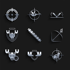Set Hunting cartridge belt with cartridges, Moose horns on shield, rabbit crosshairs, Bow and fire arrow, moose, head, Trap hunting and Target sport for shooting competition icon. Vector