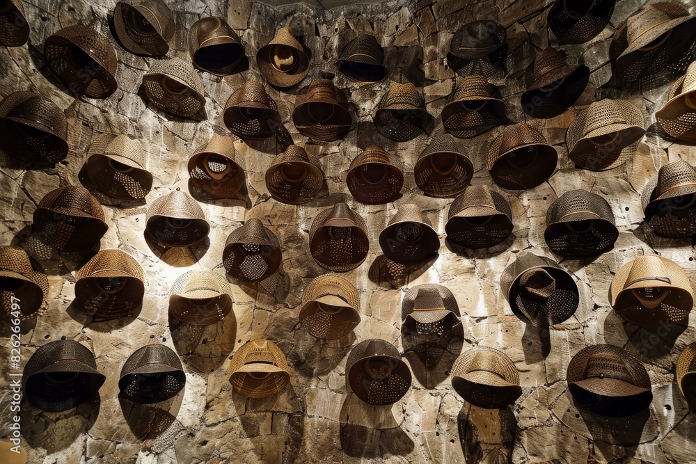 Poster diverse collection of straw hats mounted on a rustic stone wall, showcasing various patterns and sty