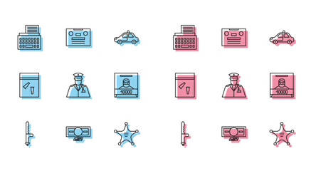 Set line Police rubber baton, Stacks paper money cash, Retro typewriter, Hexagram sheriff, officer, Wanted poster, Evidence bag and bullet and audio cassette tape icon. Vector