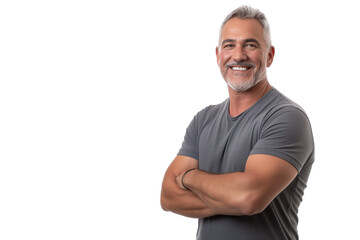 Obraz premium Smiling Mature Man in Gray T-Shirt with Arms Crossed