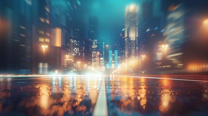 Serene Night Cityscape with Glowing Skyscrapers and Flowing Traffic Lights