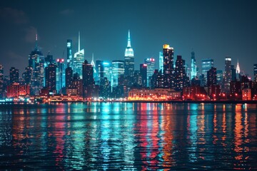 An iconic city skyline illuminated with bright lights against the dark night sky