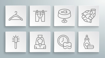 Fototapeta na wymiar Set line Toilet brush, Drying clothes, Cleaning lady service, Washing dishes, Dishwashing liquid bottle, Stain on tablecloth, Socks and Hanger wardrobe icon. Vector
