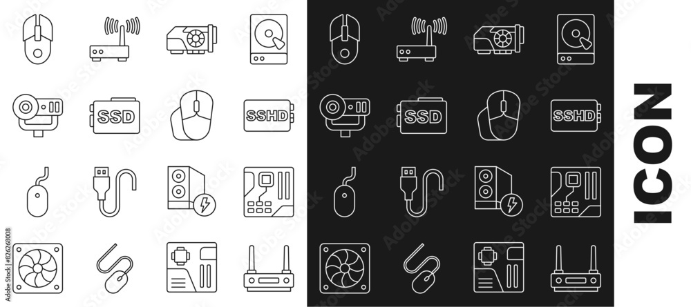 Poster set line router and wi-fi signal, motherboard digital chip, sshd card, video graphic, ssd, web camer