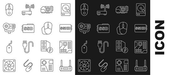 Set line Router and wi-fi signal, Motherboard digital chip, SSHD card, Video graphic, SSD, Web camera, Computer mouse and icon. Vector