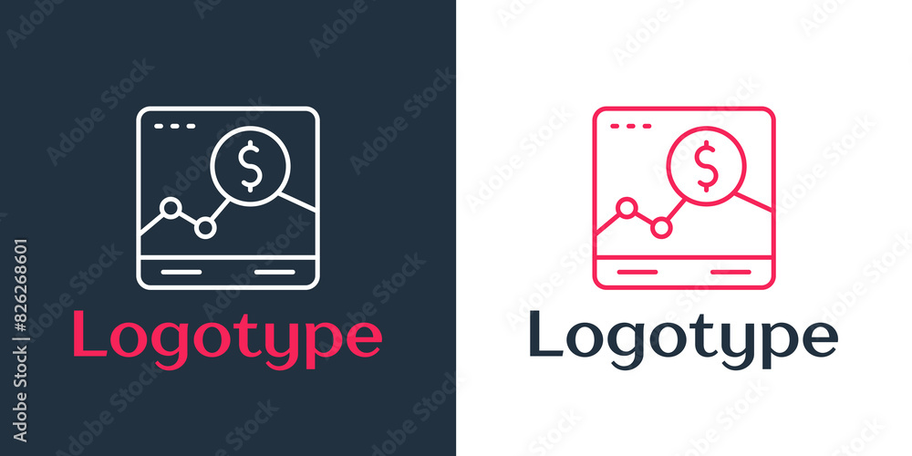 Poster logotype line website with stocks market growth graphs and money icon isolated on white background. 